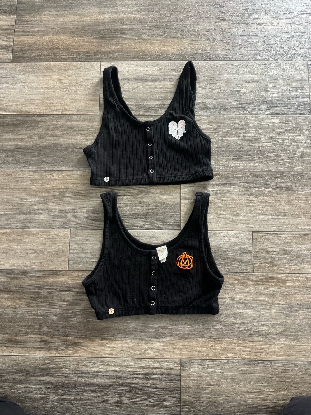 Girls' Black Ribbed Crop Tank Top with Ghost and Pumpkin Patches
